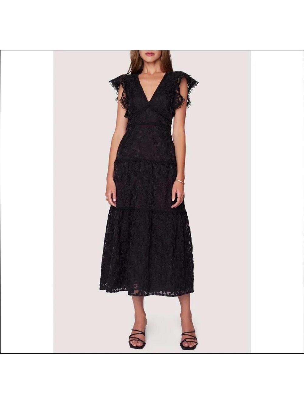 Lost + Wander Madonna Blossom Flutter Lace Sleeve Organza Midi Dress XS Black